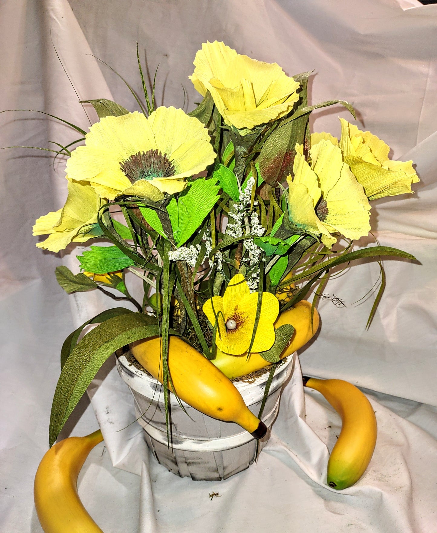 Poppies and Bananas in a Wooden Basket