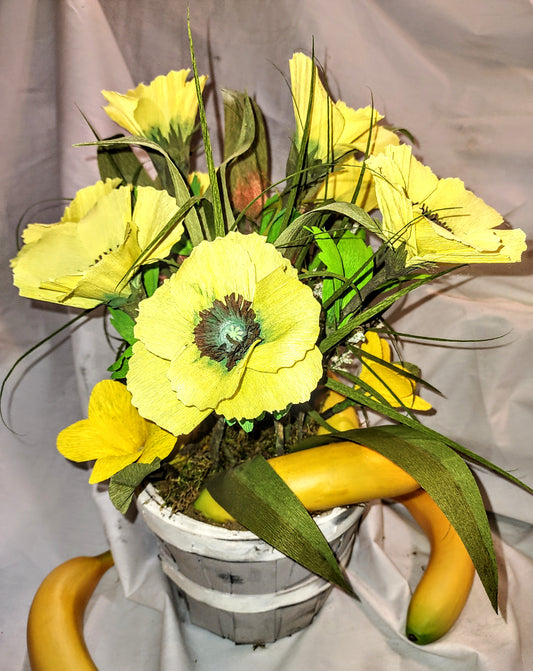 Poppies and Bananas in a Wooden Basket