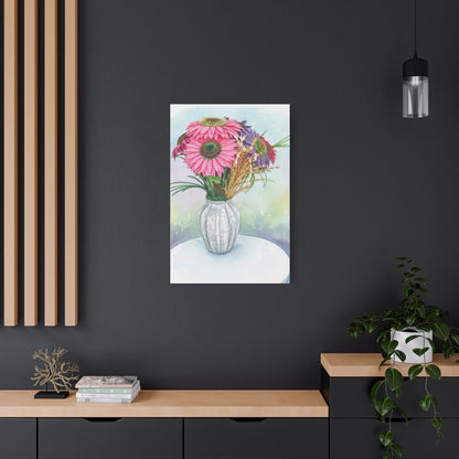 Floral Vase Canvas Print — Pink Gerbera Watercolor Wall Art