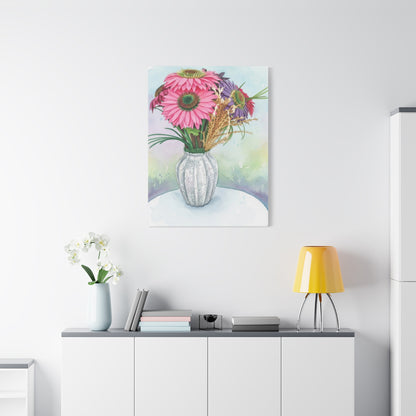 Floral Vase Canvas Print — Pink Gerbera Watercolor Wall Art