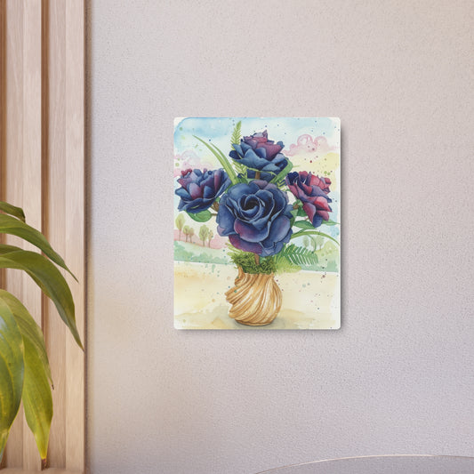 Metal Art Sign — Watercolor Blueish Black Roses - Founder's Badge #24