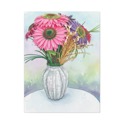 Floral Vase Canvas Print — Pink Gerbera Watercolor Wall Art