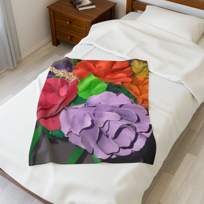 Floral Paper Roses Velveteen Plush Blanket — Colorful Handmade Bouquet Print