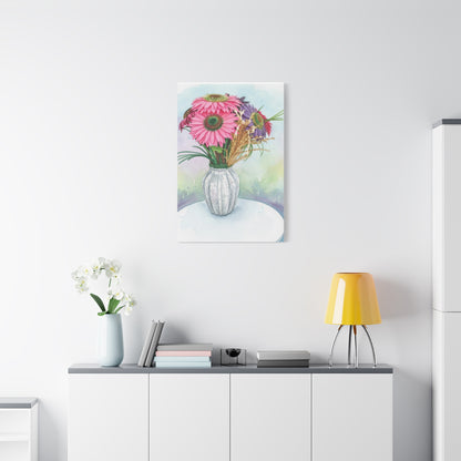 Floral Vase Canvas Print — Pink Gerbera Watercolor Wall Art
