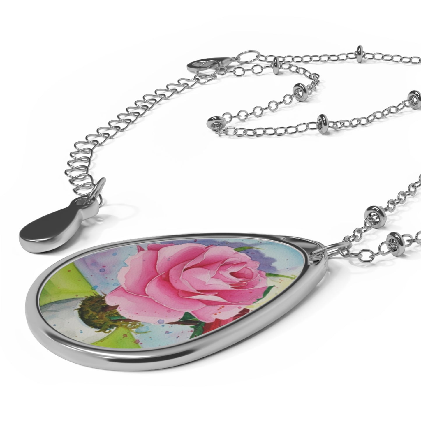 Oval Pendant Necklace with Pink Rose Art – Floral Teardrop Locket
