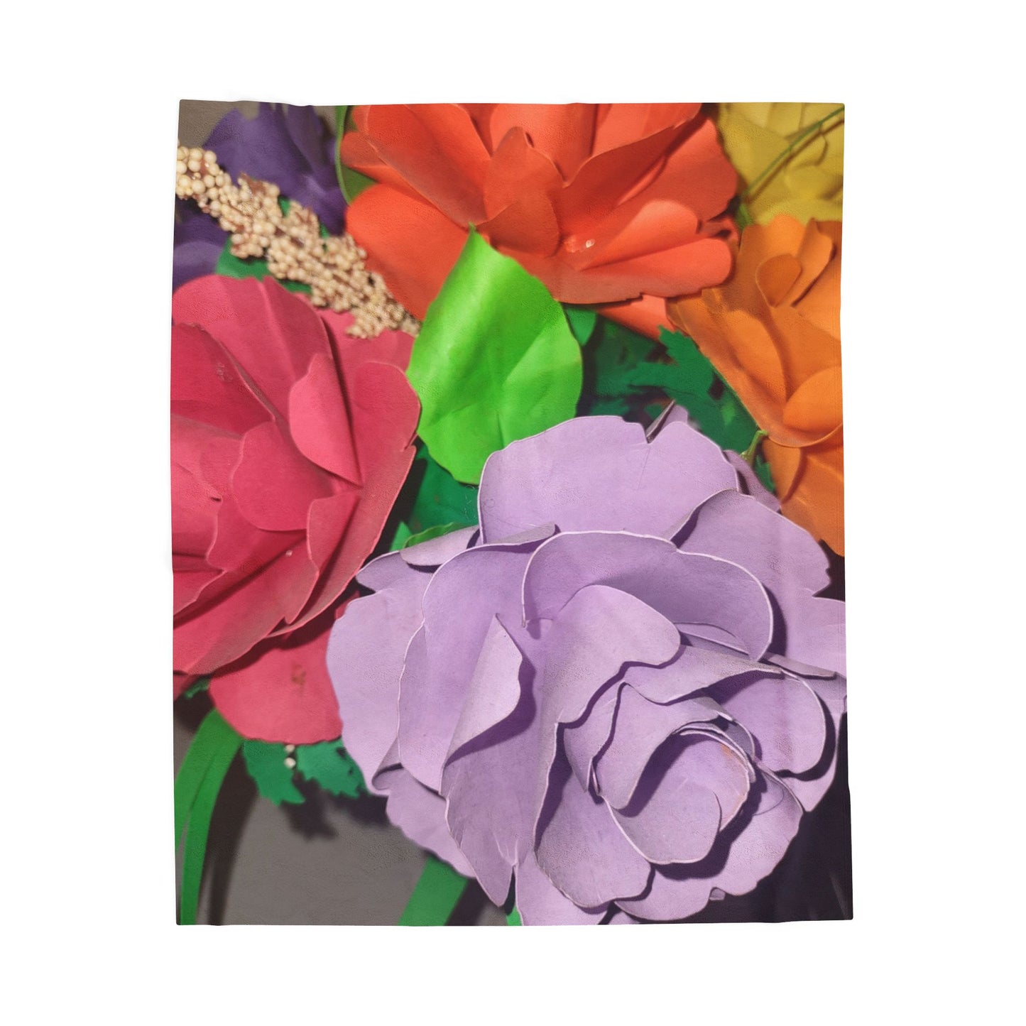 Floral Paper Roses Velveteen Plush Blanket — Colorful Handmade Bouquet Print