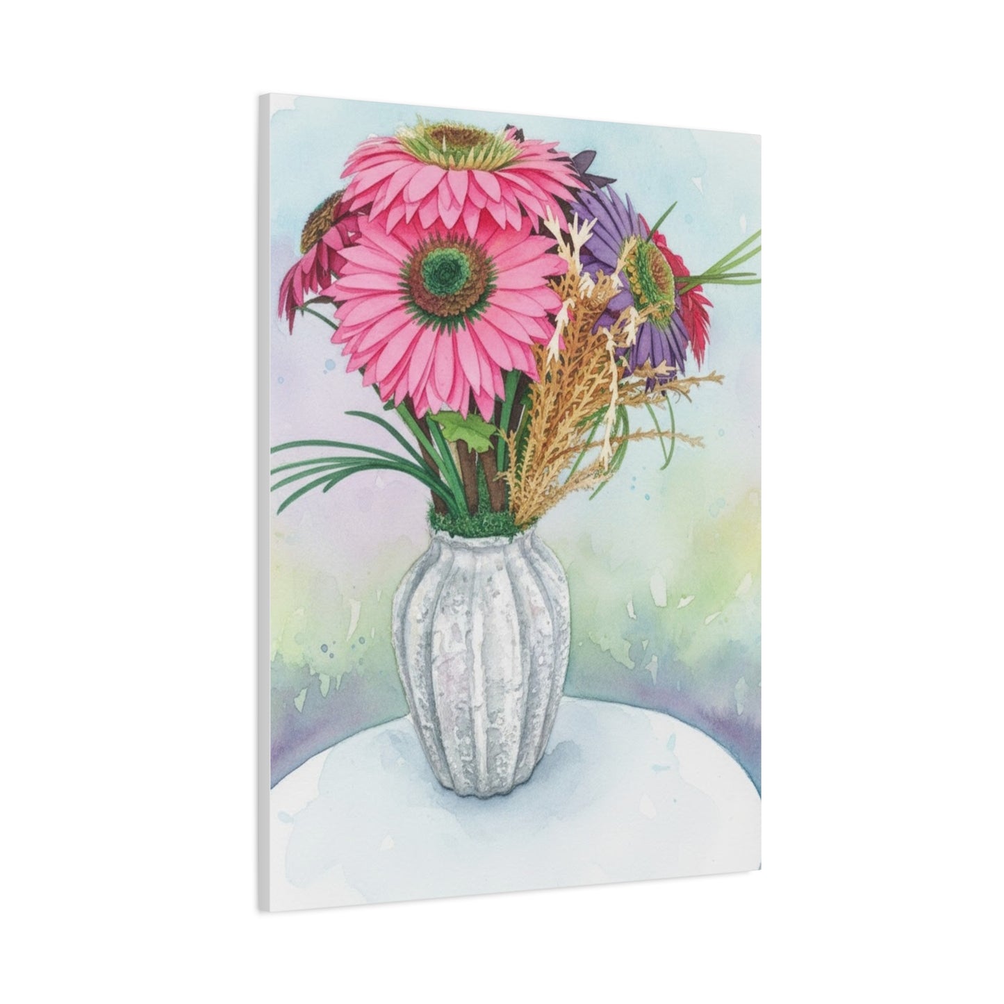 Floral Vase Canvas Print — Pink Gerbera Watercolor Wall Art