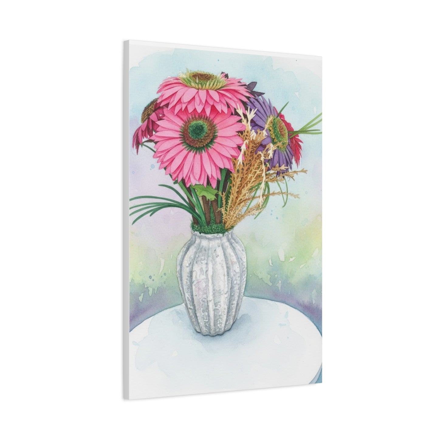 Floral Vase Canvas Print — Pink Gerbera Watercolor Wall Art