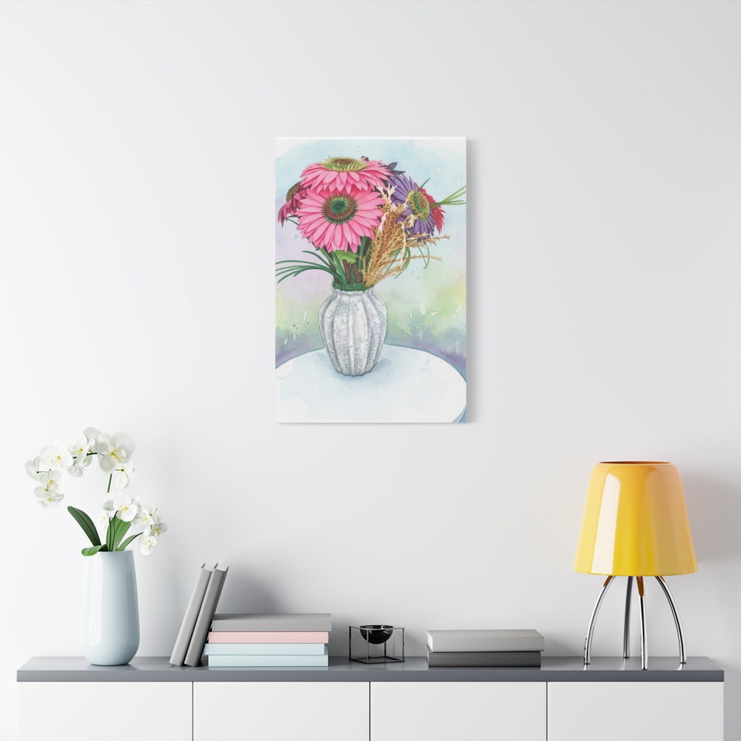 Floral Vase Canvas Print — Pink Gerbera Watercolor Wall Art