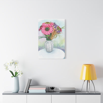 Floral Vase Canvas Print — Pink Gerbera Watercolor Wall Art