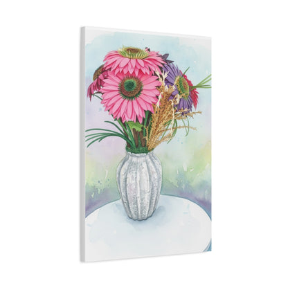 Floral Vase Canvas Print — Pink Gerbera Watercolor Wall Art