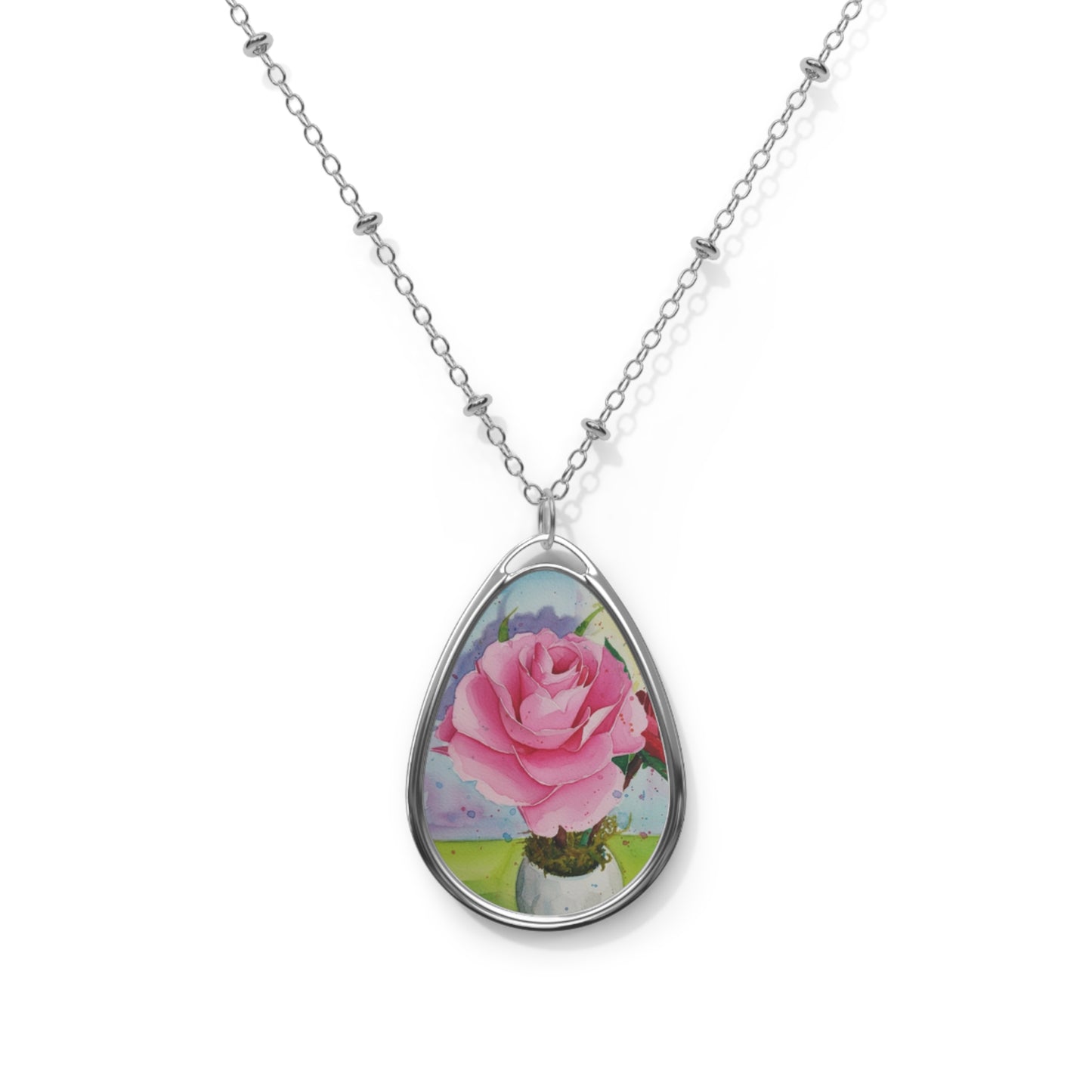 Oval Pendant Necklace with Pink Rose Art – Floral Teardrop Locket