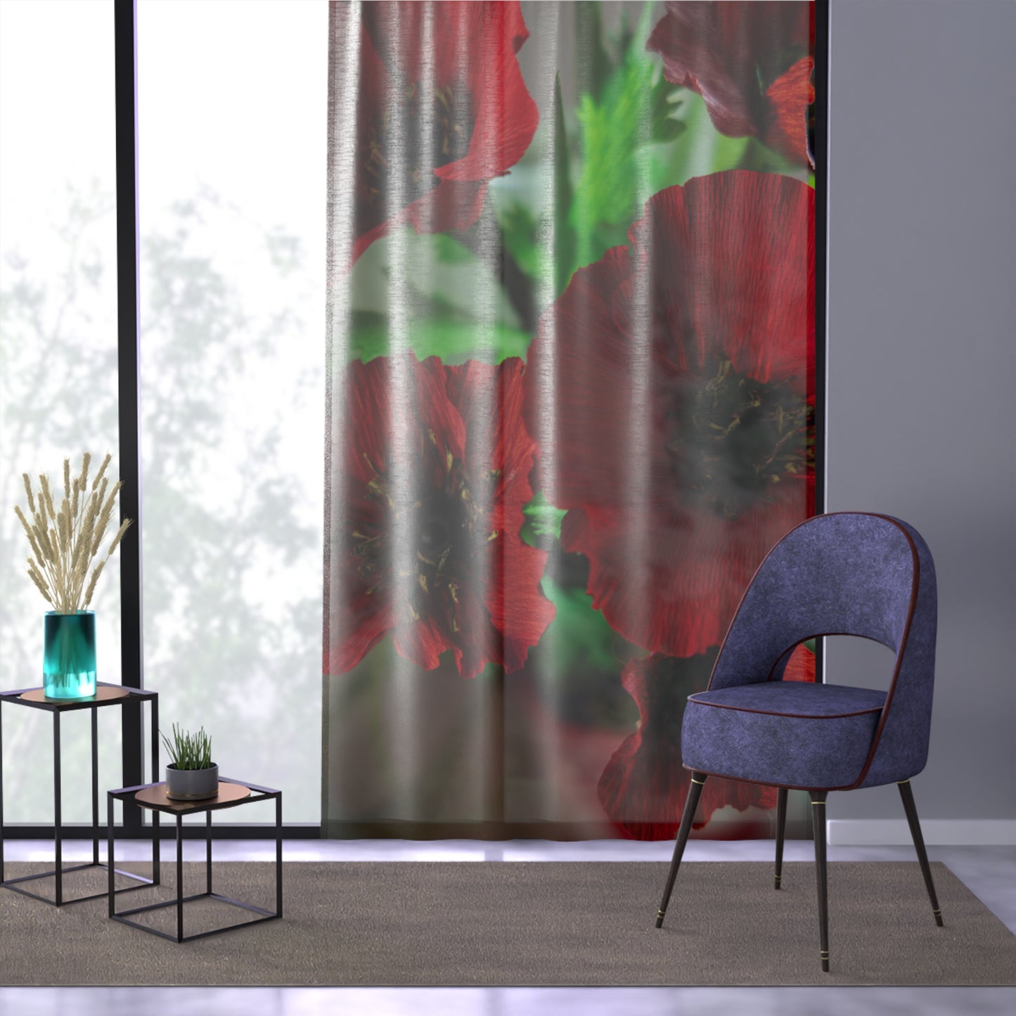 Window Curtain with Poppies