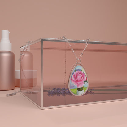 Oval Pendant Necklace with Pink Rose Art – Floral Teardrop Locket