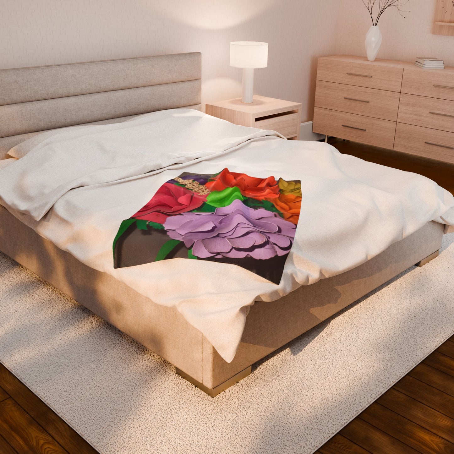 Floral Paper Roses Velveteen Plush Blanket — Colorful Handmade Bouquet Print