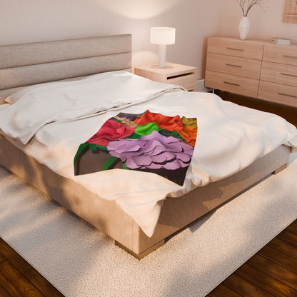 Floral Paper Roses Velveteen Plush Blanket — Colorful Handmade Bouquet Print