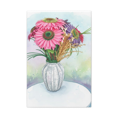 Floral Vase Canvas Print — Pink Gerbera Watercolor Wall Art