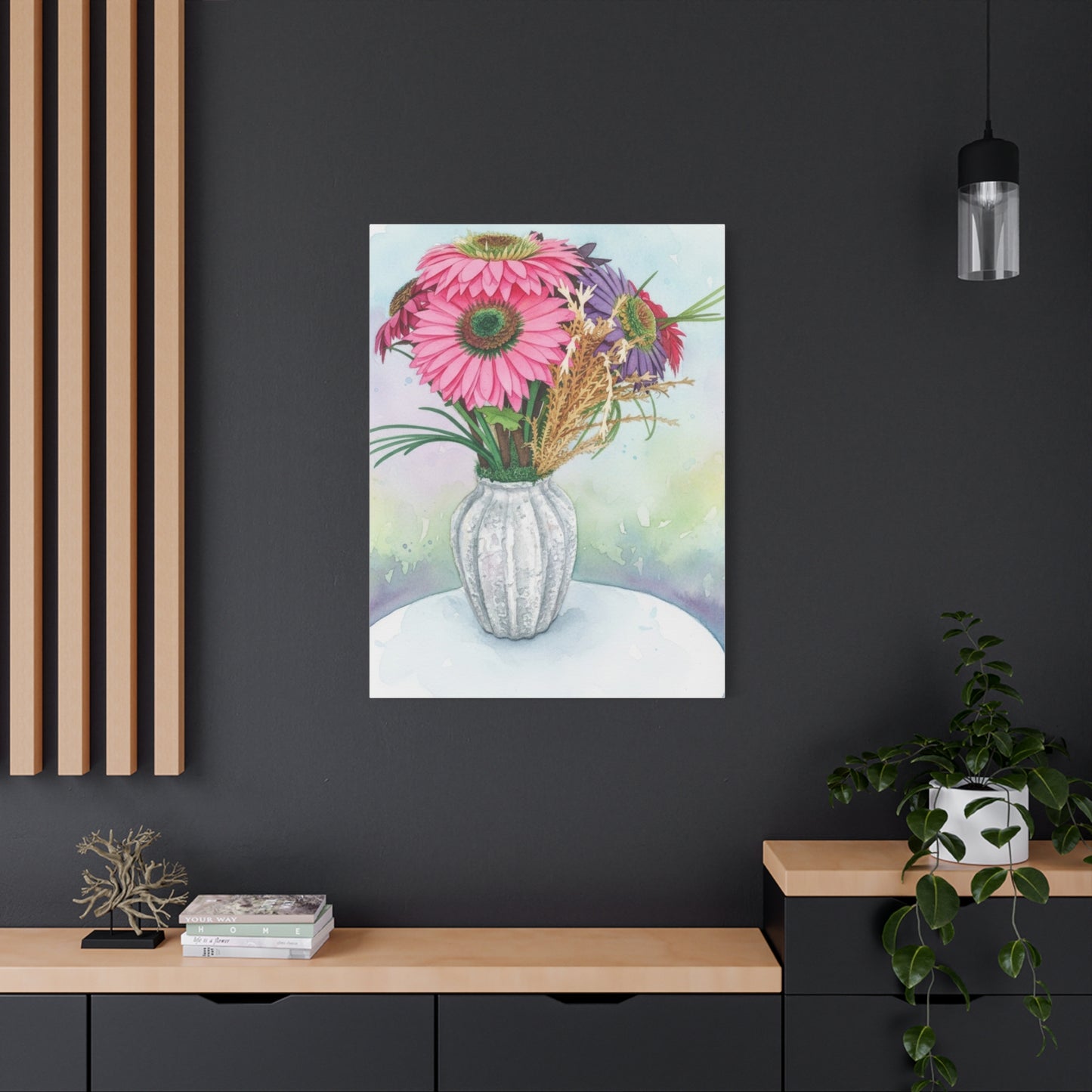 Floral Vase Canvas Print — Pink Gerbera Watercolor Wall Art
