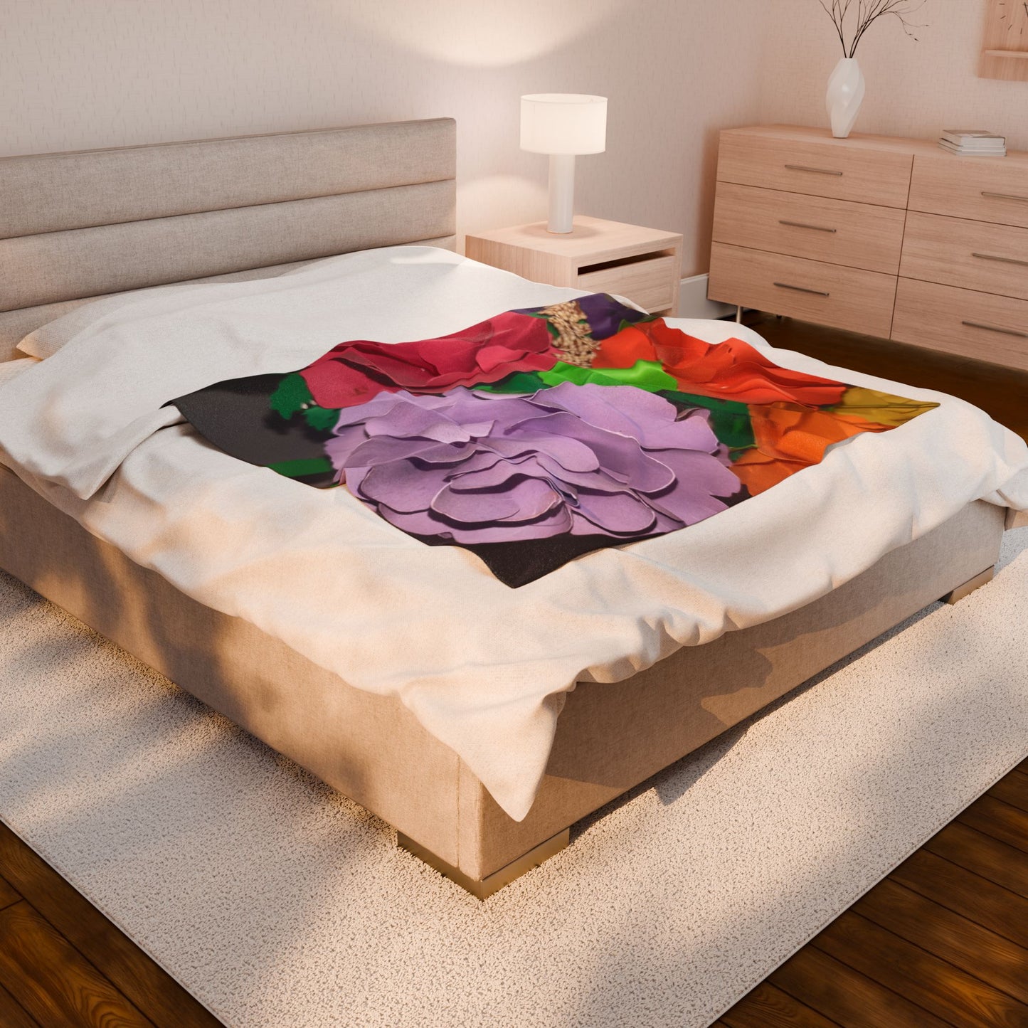 Floral Paper Roses Velveteen Plush Blanket — Colorful Handmade Bouquet Print