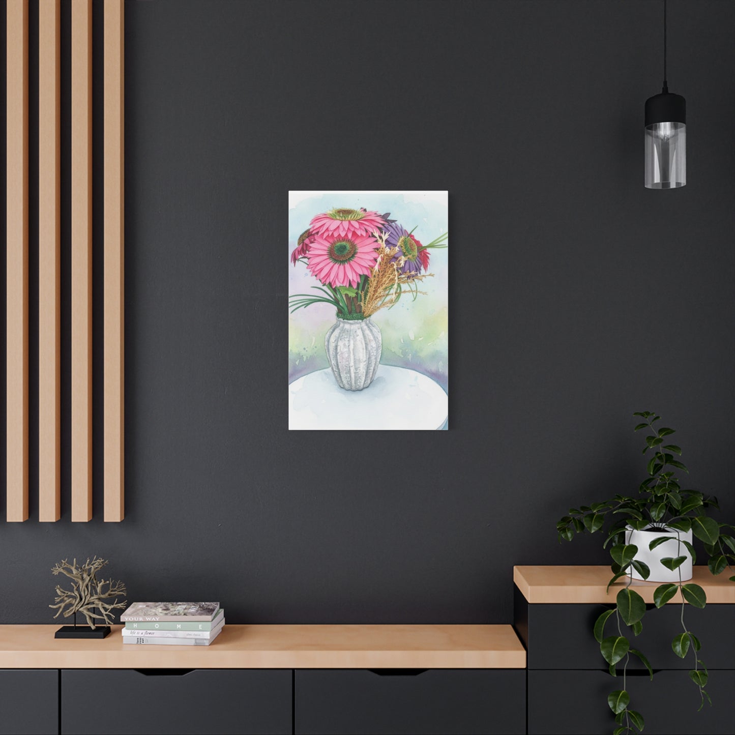 Floral Vase Canvas Print — Pink Gerbera Watercolor Wall Art